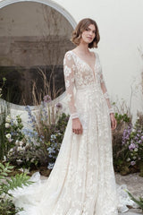 Gorgeous Long A-Line V-neck Lace Wedding Dresses With Long Sleeves-Dbrbridal