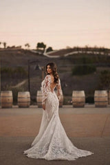 Gorgeous Long Mermaid Lace Wedding Dresses With Long Sleeves-Dbrbridal
