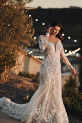 Gorgeous Long Mermaid Lace Wedding Dresses With Long Sleeves-Dbrbridal