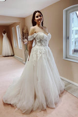 Gorgeous Off the Shoulder Strapless A-Line Lace Tulle Wedding Dresses-Dbrbridal