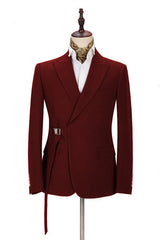 Gorgeous Peak Lapel Buckle Button Formal Burgundy 2 Piece Men's Casual Suit Online-Dbrbridal