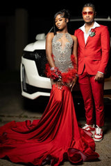 Gorgeous Red Crystal Mermaid Sleeveless Prom Dress with Fur-Dbrbridal