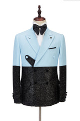 Gorgeous Sky Blue Amazing Sparkle Black Peak Lapel 2 Piece Men's Suit Online-Dbrbridal