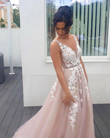 Gorgeous Sleeveless Long Prom Dress Tulle With Lace Appliques V-Neck-Dbrbridal