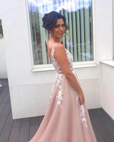 Gorgeous Sleeveless Long Prom Dress Tulle With Lace Appliques V-Neck-Dbrbridal
