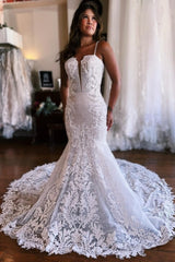 Gorgeous Sleeveless Spaghetti Straps Long Mermaid Wedding Dresses-Dbrbridal