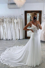 Gorgeous Spaghetti-Straps V-Neck Wedding Dress Sleeveless With Lace Appliques-Dbrbridal