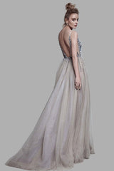 Gorgeous V-Neck Sleeveless Tulle Evening Dress With Appliques-Dbrbridal