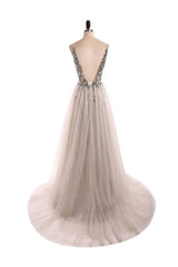 Gorgeous V-Neck Sleeveless Tulle Evening Dress With Appliques-Dbrbridal