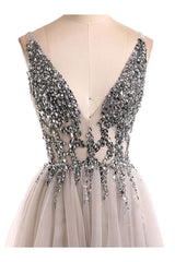 Gorgeous V-Neck Sleeveless Tulle Evening Dress With Appliques-Dbrbridal