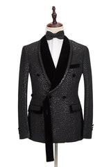 Gorgeous Velvet Lapel Double Breasted Prom Suit Belt Leopard Black Jacquard Men's Suit for Wedding-Dbrbridal