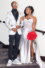 Gorgeous White Spaghetti Strap Side Slit Appliques Prom Dress-Dbrbridal