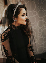 Gothic Lace Tulle Wedding Dress Long Sleeves in Black Mermaid Fitted High Neck-Dbrbridal