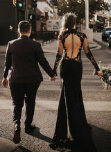 Gothic Lace Tulle Wedding Dress Long Sleeves in Black Mermaid Fitted High Neck-Dbrbridal