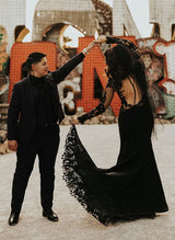 Gothic Lace Tulle Wedding Dress Long Sleeves in Black Mermaid Fitted High Neck-Dbrbridal