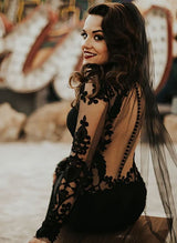 Gothic Lace Tulle Wedding Dress Long Sleeves in Black Mermaid Fitted High Neck-Dbrbridal