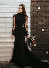 Gothic Lace Tulle Wedding Dress Long Sleeves in Black Mermaid Fitted High Neck-Dbrbridal