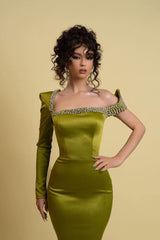 Grass Green Long Sleeve Mermaid Evening Prom Dresses with Beads-Dbrbridal