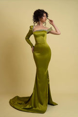 Grass Green Long Sleeve Mermaid Evening Prom Dresses with Beads-Dbrbridal