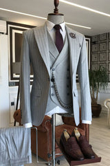 Gray 3-pieces Striped Peaked Lapel Men Suits For Business-Dbrbridal