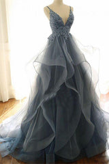 Gray Evening Dresses Tulle V-Neck Ruffles Long Spaghetti Lace Beading Formal Dresses-Dbrbridal