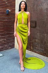 Green Halter Sleeveless Mermaid Prom Dresses With High Split-Dbrbridal