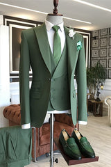 Green Three Piece Slim Fit Peaked Lapel Men's Suits-Dbrbridal