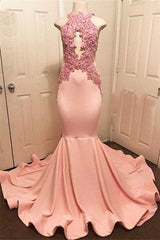 Halter Pink Lace Party Dresses Mermaid Formal Dresses-Dbrbridal