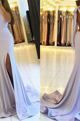 Halter Sexy Backless White Prom Dress Chiffon Long With Slipt-Dbrbridal