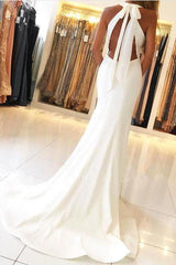 Halter Sexy Backless White Prom Dress Chiffon Long With Slipt-Dbrbridal