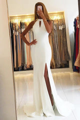 Halter Sexy Backless White Prom Dress Chiffon Long With Slipt-Dbrbridal