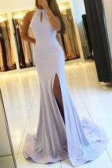 Halter Sexy Backless White Prom Dress Chiffon Long With Slipt-Dbrbridal