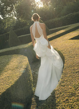 Halter Sleeveless Mermaid Fitted Wedding Dresses Beaded Sweep Train Satin-Dbrbridal