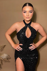 Halter Sleeveless Mermaid Prom Dresses with Sequins Split Black-Dbrbridal