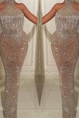 Halter Sleeveless Prom Dresses with Tassels Fit and Flare Gorgeous Sequins Evening Gowns-Dbrbridal
