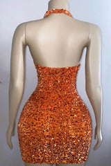 Halter Sleeveless Short Prom Dresses With Sequins in Dusty Orange-Dbrbridal