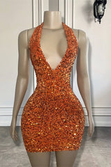 Halter Sleeveless Short Prom Dresses With Sequins in Dusty Orange-Dbrbridal