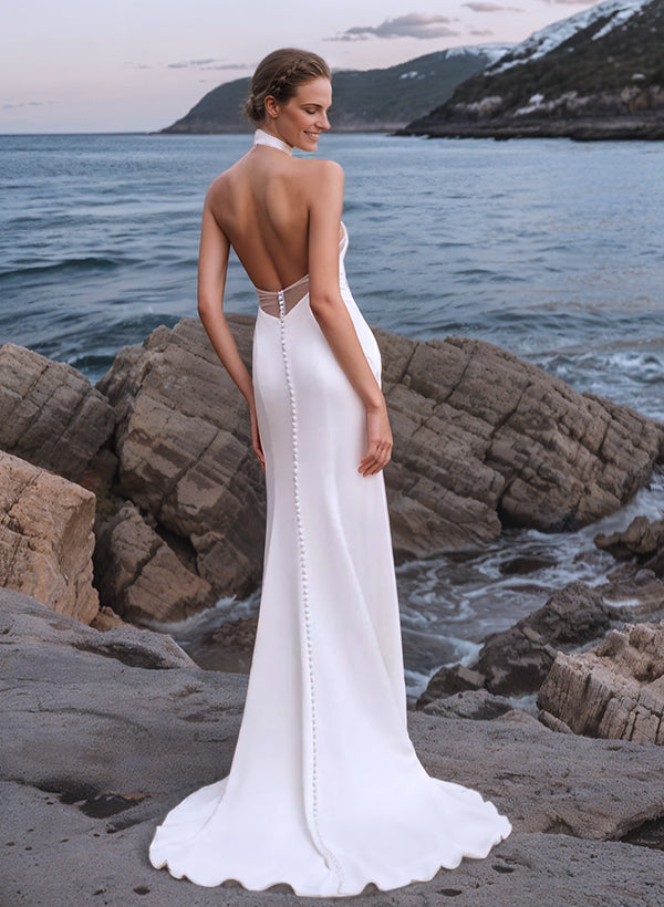 Halter Sleeveless Silk Like Satin Sheath Fitted Wedding Dresses Split Dbrbridal Halter Sleeveless Silk Like Satin Sheath Fitted Wedding Dresses Split Dbrbridal