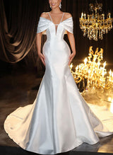 Halter Sleeveless Trumpet Mermaid Fitted Sweep Train Satin Wedding Dresses-Dbrbridal