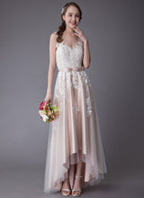 High Low Lace Wedding Dresses Bow Sash Tulle Applique for Summer Summer Beach Wedding Dresses-Dbrbridal