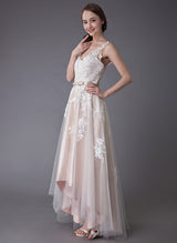 High Low Lace Wedding Dresses Bow Sash Tulle Applique for Summer Summer Beach Wedding Dresses-Dbrbridal