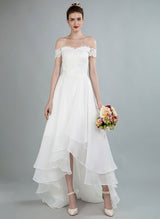 High Low Wedding Dresses Off The Shoulder Chic A-line Lace Bridal Gown-Dbrbridal
