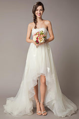 High Low Wedding Dresses Strapless Lace Tulle Bow Sash Asymmetrical Summer Beach Bridal Dress-Dbrbridal