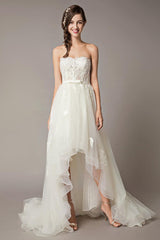 High Low Wedding Dresses Strapless Lace Tulle Bow Sash Asymmetrical Summer Beach Bridal Dress-Dbrbridal