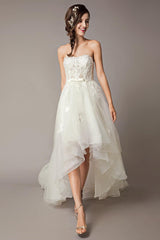 High Low Wedding Dresses Strapless Lace Tulle Bow Sash Asymmetrical Summer Beach Bridal Dress-Dbrbridal