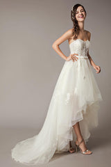 High Low Wedding Dresses Strapless Lace Tulle Bow Sash Asymmetrical Summer Beach Bridal Dress-Dbrbridal
