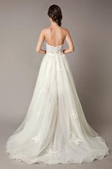 High Low Wedding Dresses Strapless Lace Tulle Bow Sash Asymmetrical Summer Beach Bridal Dress-Dbrbridal