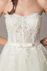 High Low Wedding Dresses Strapless Lace Tulle Bow Sash Asymmetrical Summer Beach Bridal Dress-Dbrbridal