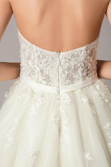 High Low Wedding Dresses Strapless Lace Tulle Bow Sash Asymmetrical Summer Beach Bridal Dress-Dbrbridal