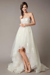 High Low Wedding Dresses Strapless Lace Tulle Bow Sash Asymmetrical Summer Beach Bridal Dress-Dbrbridal